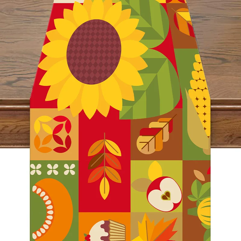 Thanksgiving Sunflower pumpkin Checkered table flag Turkey Corn Crop Table runner Thanksgiving Fall Harvest Festival table flag