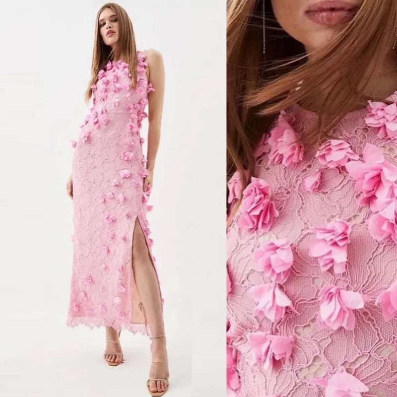 Cleeshuo-Robe de Soirée Sirène Rose Doux, Appliques en Dentelle, Plis Fleurs 3D, Dos aux, Col Rond, Bal de Promo, Longueur Rincée