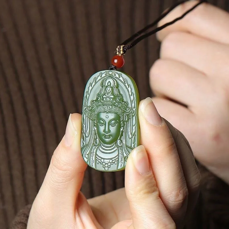 

Новый подвесной светильник Guanyin Jade с сапфиром, мужской кулон с головой Гуаньинь, нефритовый бренд