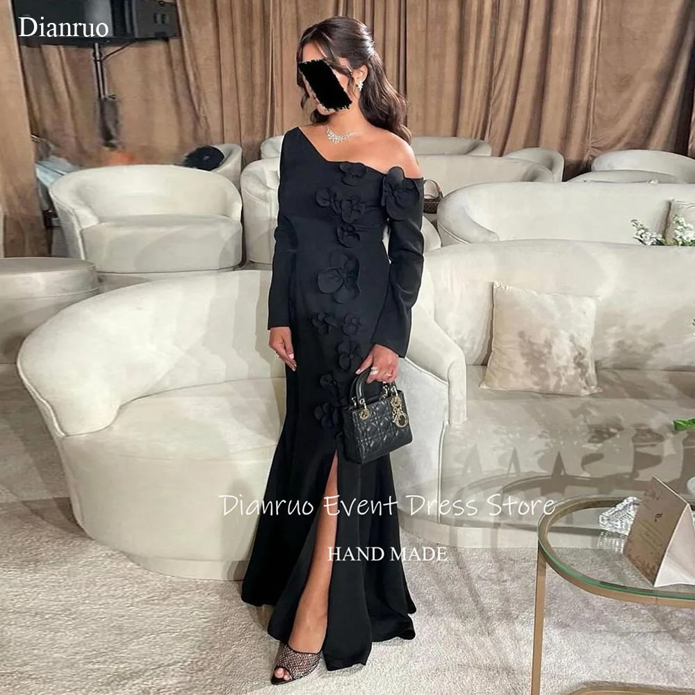 

Dianruo Black Formal Side Slit Evening Dresses A Line Robe De Soirée Femme Off Shoulder 3D Floral Abendkleider Dubai Customized
