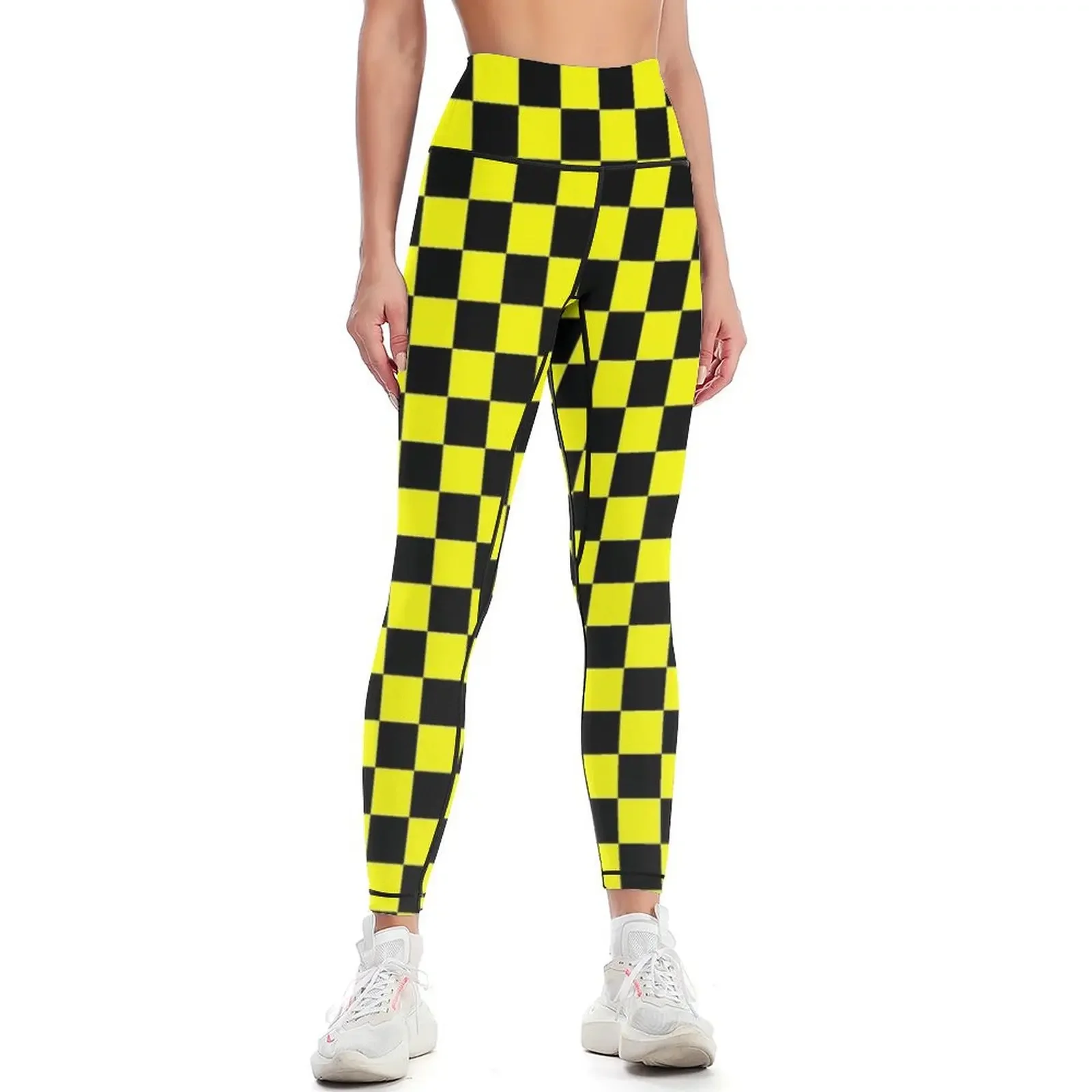 

Bright Fluorescent Yellow Neon and Black Checked Checkerboard Leggings Sportswear woman gym for fitness Womens Leggings