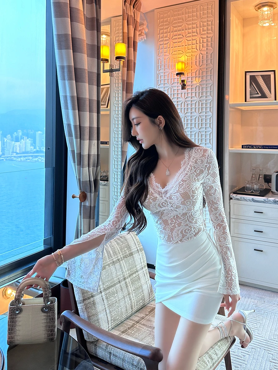 

Sexy Lace V-ne Bell Sve High Waist Slim Fit Bodycon Dr Set Women's Elegance Daily Wear Comfortable Nylon Fabric