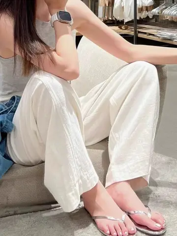 하이 웨이스트 와이드 레그 코튼 린넨 스트레이트 컷 바지 여성 캐주얼 루즈 드레이피 슬리밍 바지 봄 여름 신착