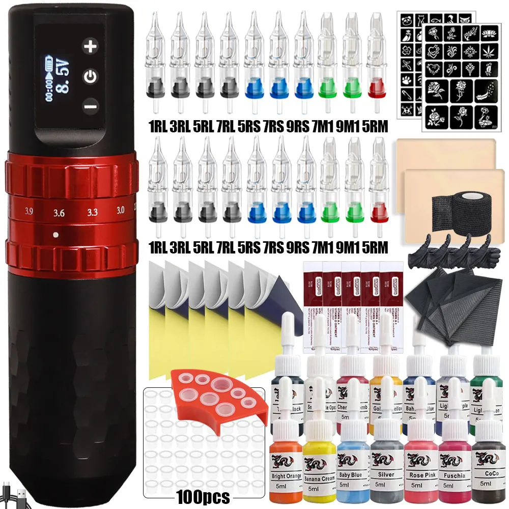 

Wireless Tattoo Machine Pen Kit 7 Adjustable Stroke with Mixed Cartridge Needles Professional 1800mAh Battery Tattoo Pen Kit