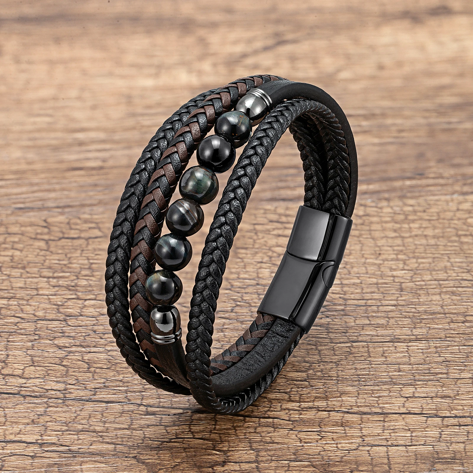Natürliches Rundes Lavastein-Perlenarmband für Männer, Mehrschichtiges Geflochtenes Lederarmband, Modisches Tigerauge-Schmuckstück, Geschenk für den Freund – Detail 11