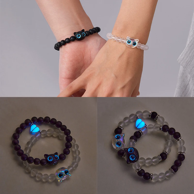 2Pcs Luminous Big Eye Magnetic Attraction Cat Bracelets Pendant Beaded Hand Chain Friendship Couple Bracelet Jewelry Gifts