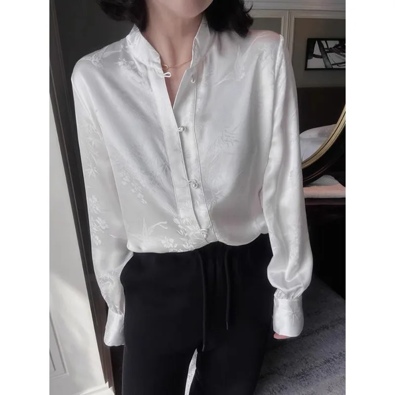 Qweek Vintage Chinese Stijl Wit Shirt Kantoor Koreaanse Stijl Blouse Met Lange Mouwen Minimalistische Luxe Effen Kleur Herfstkleding