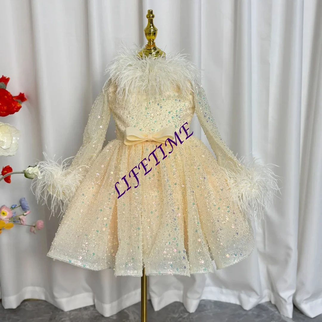 فستان فتاة ذهبي فاخر ريش مطرز دبي للأطفال لحفلات الزفاف وأعياد الميلاد رداء حفلات فيستدو دي 2025 مخصص
