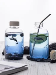 Gradient Blue Whale Water Bottle with Cover Clear Printed Cup Bottle 600ML Sea Glass Aesthetic Water Portable Water Bottle