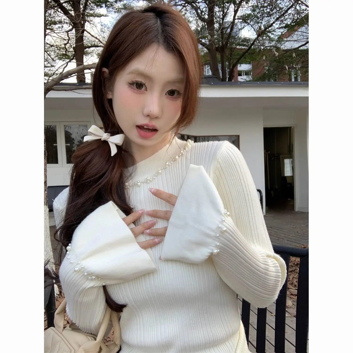 

Knitted Long Sleeve Crew Neck Pullover Top Women's Slim Fit Button Up Base Shirt Soild Color Autumn Winter New Arrival M210