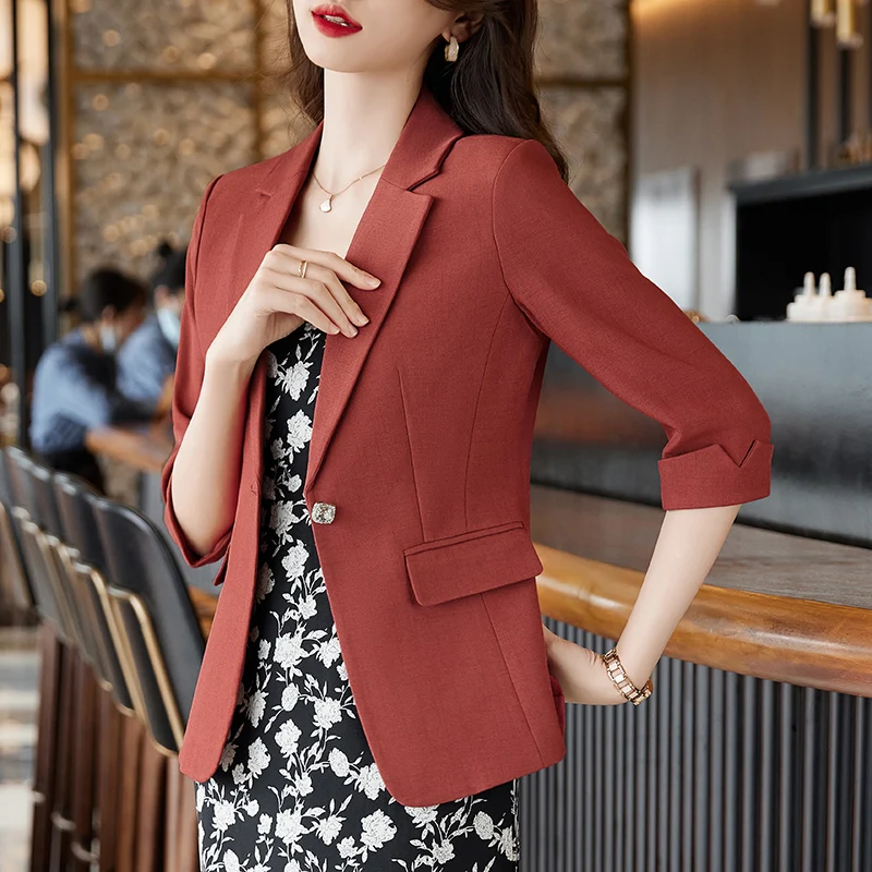 Jaket blazer wanita, baju atasan pakaian kerja profesional lengan setengah, Blazer gaya seragam wanita musim semi musim panas