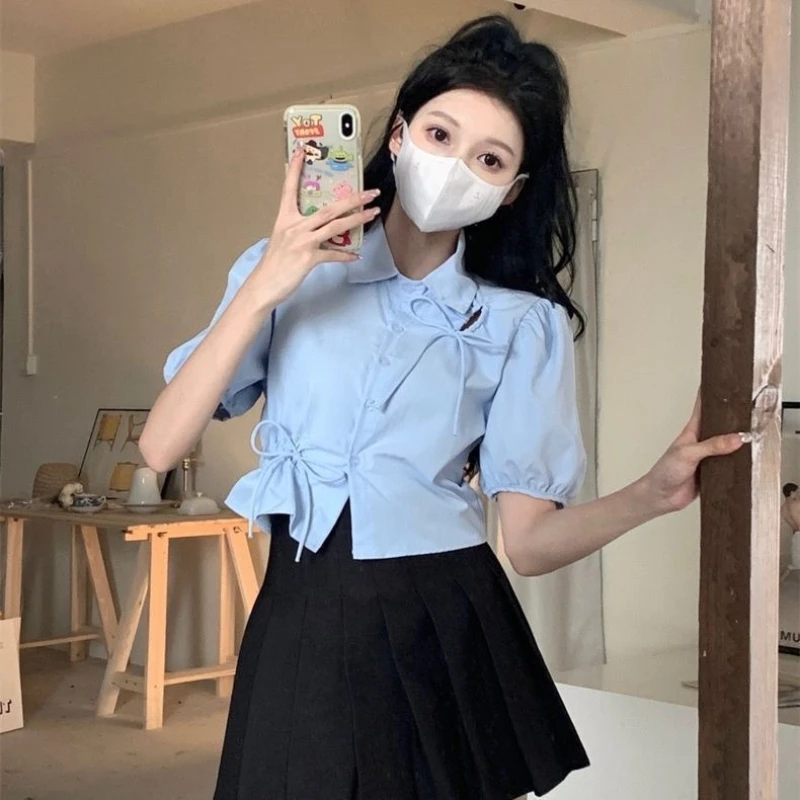 

2026 New Summer Women's Slimming Cropped See Through Shirt Blue Puff Bow Waist-tie Design Top