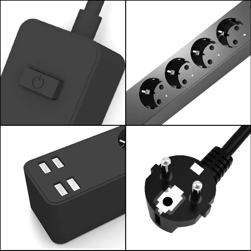 Extension Socket With Safety Switch Power Strip For Office Home EU Plug 2500W 1.5M Cable Overload Protection USB Type Ports 5V3A