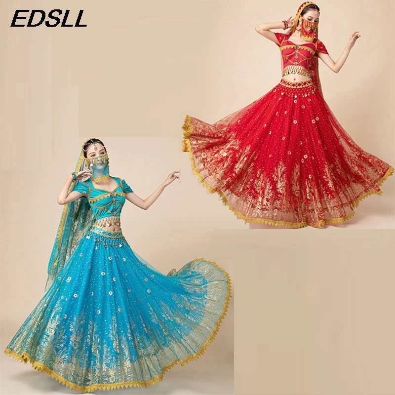 Ropa exótica para actuación de baile para mujeres y niñas, disfraz de Halloween, disfraz de danza del vientre, traje de danza india, falda oscilante grande