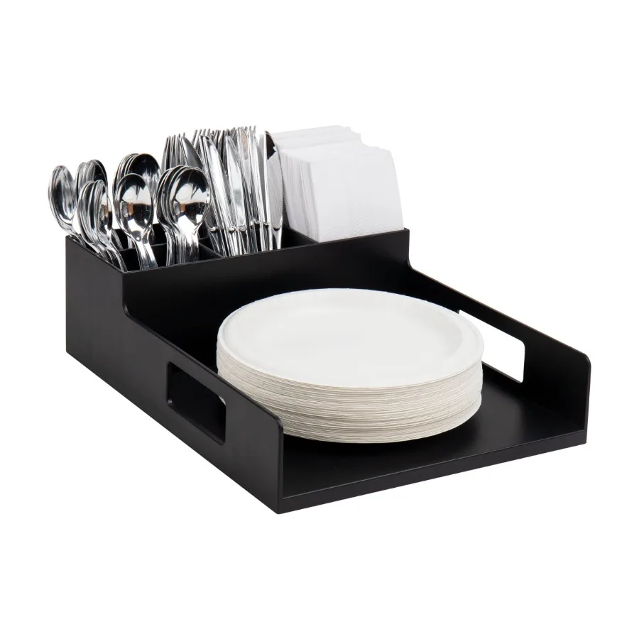 Utensil Napkin and Plate Holder Silverware Organizer Serving Tray Plastic Black