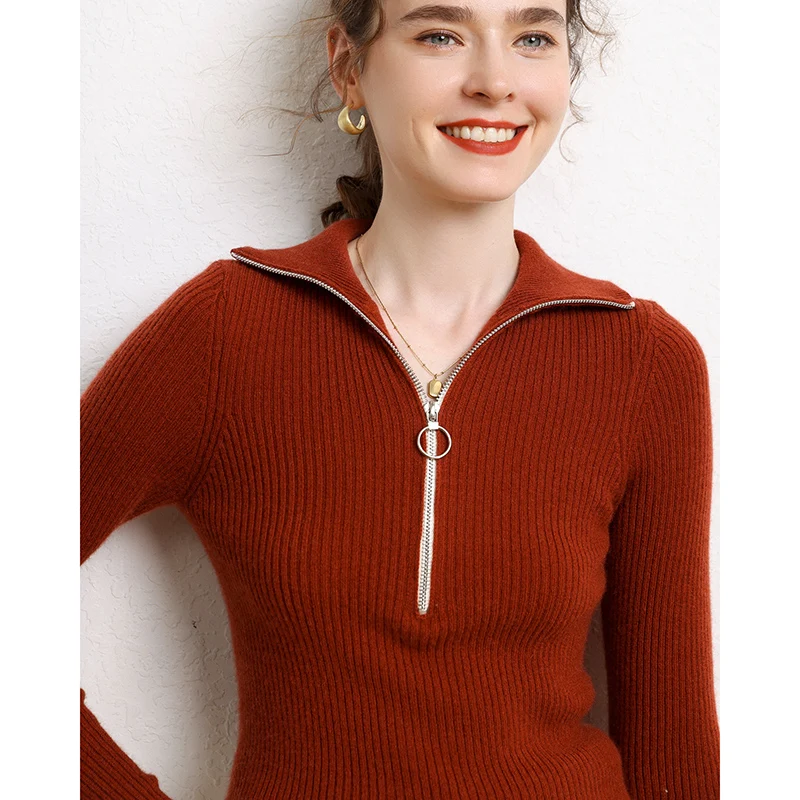 

Hot Sale Women Pullovers Slim Zipper Collar High Stretch Sweater 100% Cashmere Knitwear Female Soft Warm Clothes FN01