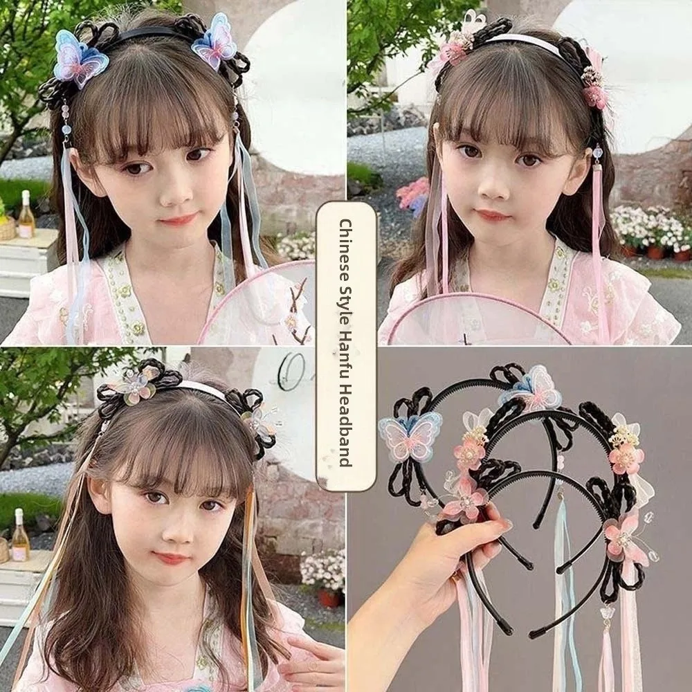 

Chinese Style Butterfly Ribbon Headband Exquisite Embroidery Tassel Girls Hanfu Headwear Bow Beads Hair Bands for Children