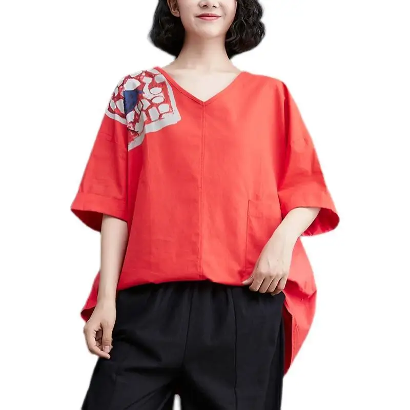 2024 New Summer Retro Art Chinese Style Loose Fit Plus Oversize Fashionable V-neck Print Casual Middle Sleeve T-shirt for Women