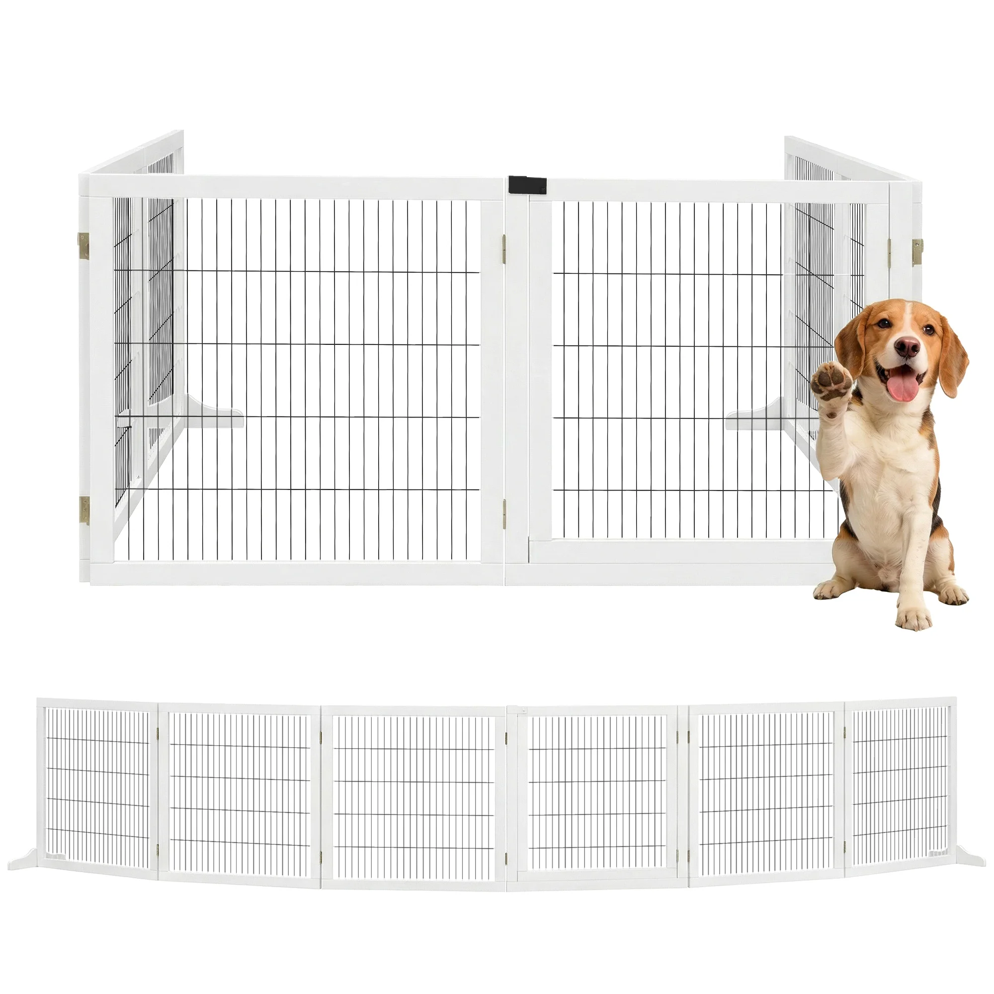 PawHut Barrera de Seguridad para Perros Plegable de Madera para Escaleras y Puertas con Soporte de Pie 432x36x70 cm