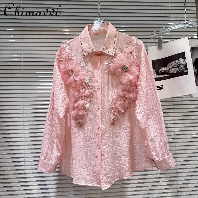 

2026 Spring and Summer New Elegant Women's 3d Chiffon Floral Beads Long-sleeved Blouse Ladie Loose-fit Shirts Tops