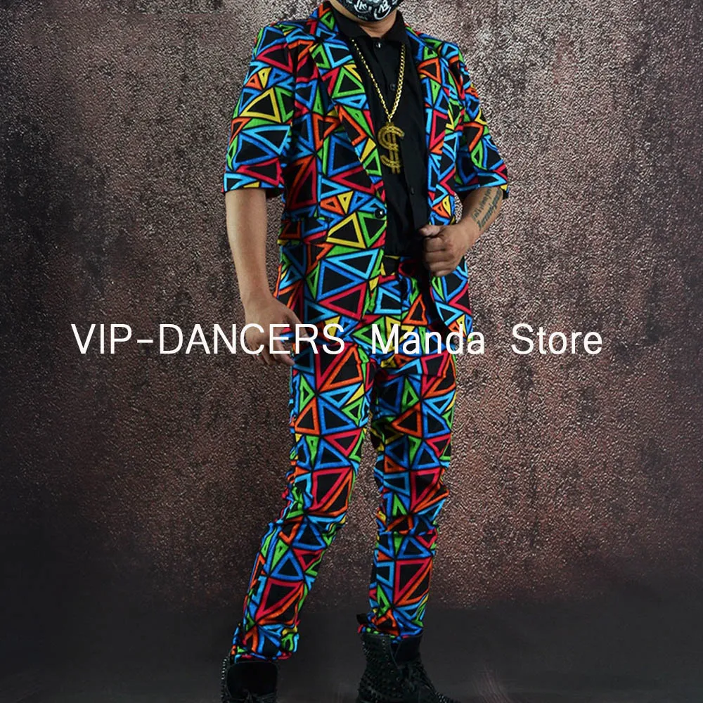 Stage Costume Male Nightclub Bar Club Performance Clothes Party Show Outfit Kpop Hip Hop Dance Set Colorful Printed Suit VDL630