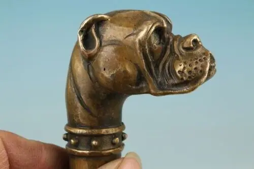 china lucky Handmade Bronze Carving Dog Collect Cane Walking Stick Head Statue