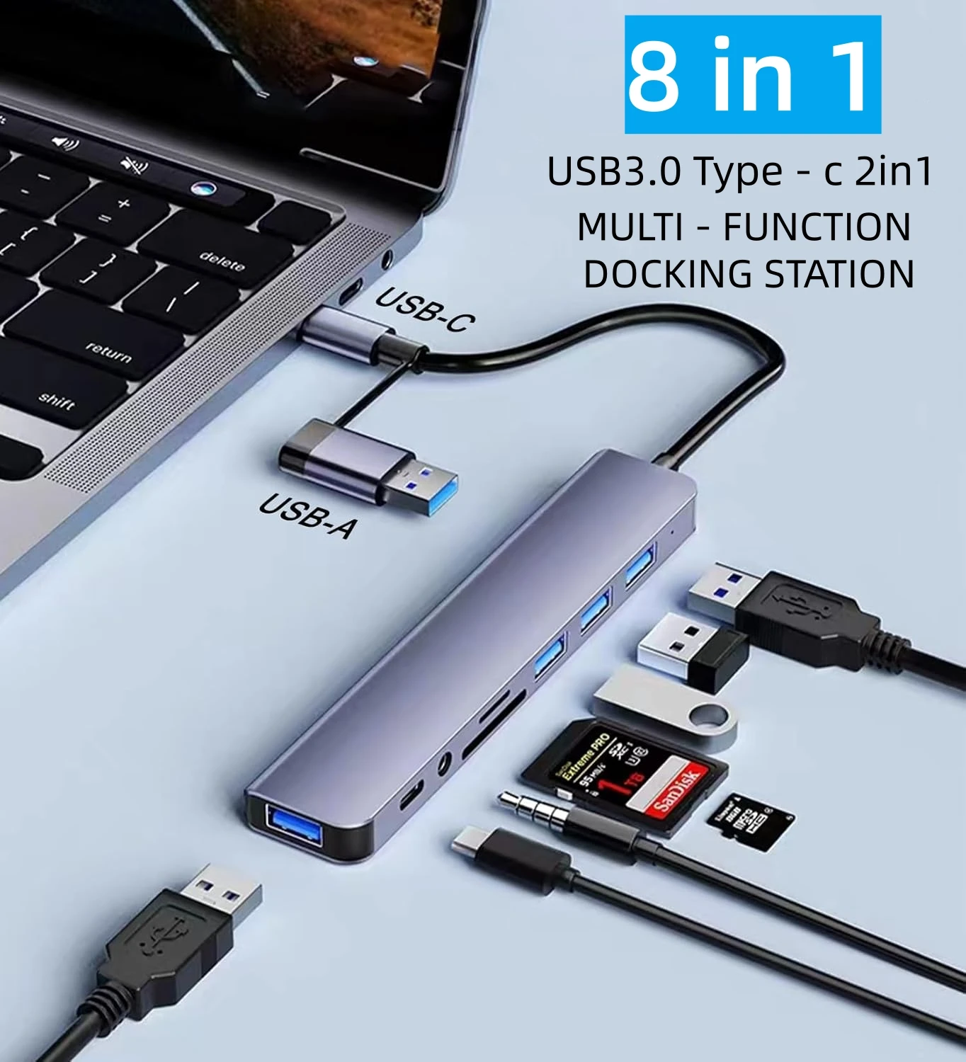 

Многопортовый концентратор USB-C и USB 3.0 со считывателем карт SD/TF, разъемом для наушников 3,5 мм, USB-разветвителем для Macbook Pro, XPS, поверхностных ноутбуков