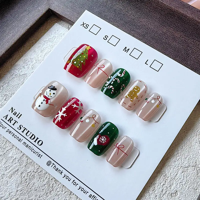 10 قطعة عيد الميلاد نصف اليدوية الصحافة على الأظافر الحلو فتاة شجرة عيد الميلاد والدب ندفة الثلج لطيف ثلج انفصال الأظافر كاذبة #3