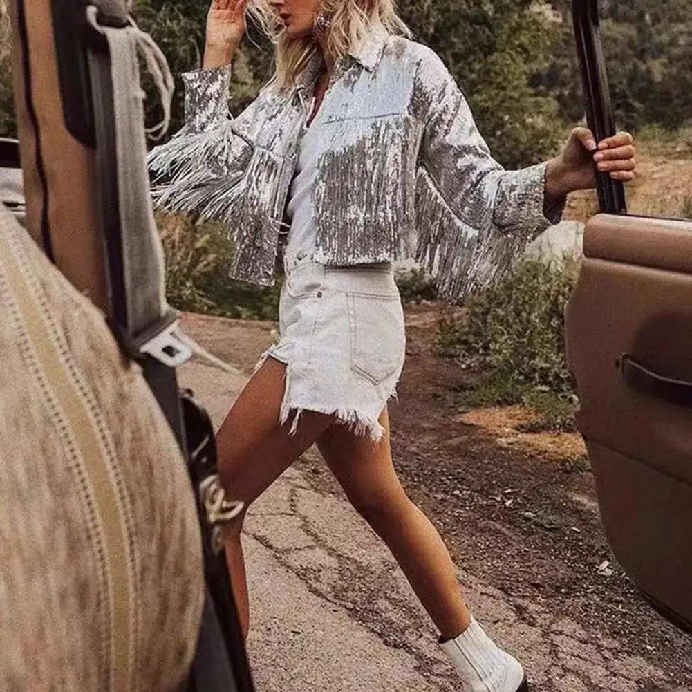 Tassel Sequin Jacket Reflective Sequins Rock Bf Retro Long-sleeved Silver Reflective Coat Women's Jackets Outwear chaqueta veste