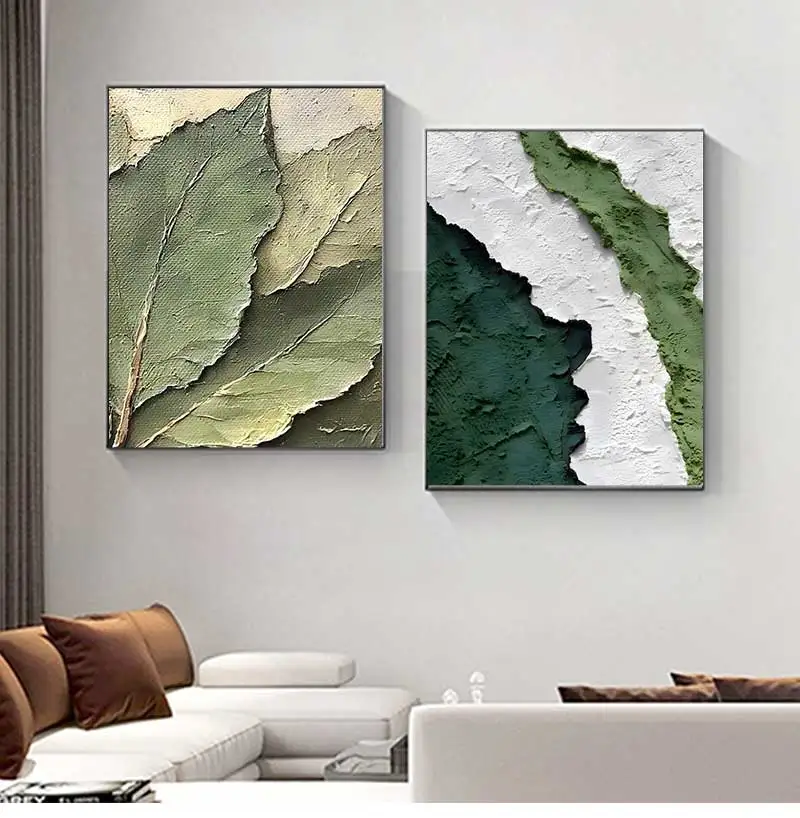 Framed Diamond Wall Art with Layered Plant Leaves, Nature Inspired Green Pattern, Rustic Earthy Home Decoration