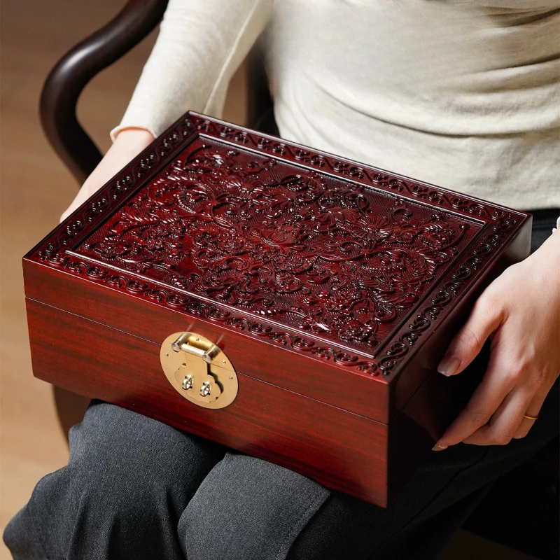 Premium Zambia Rosewood Jewelry Box Solid Wood Vintage Organizer for Necklace Ring Bracelet Earrings