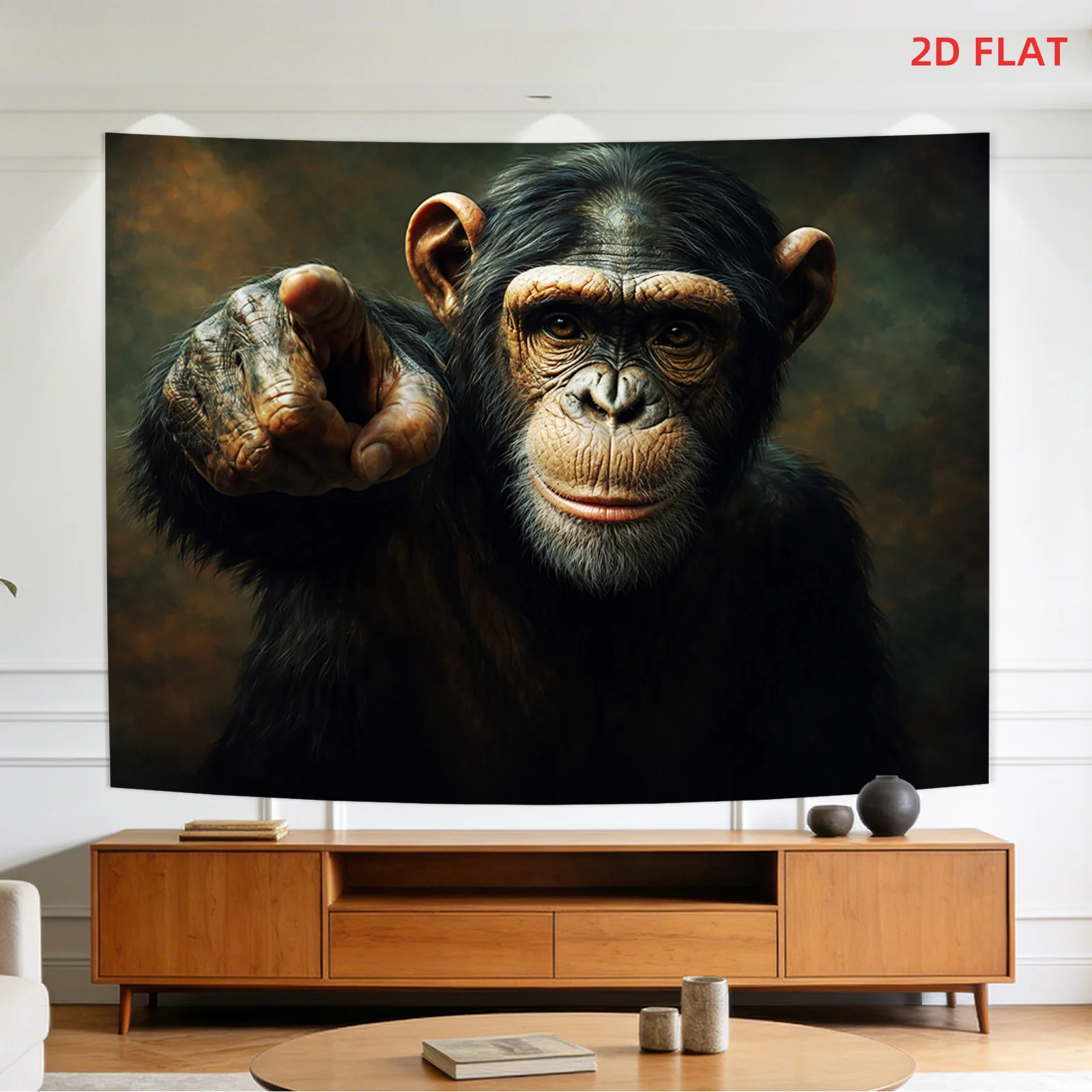 Realistic Chimpanzee Pointing at You Tapestry, Lifelike Monkey Portrait Wall Hanging, Animal Room Decor suitable offices bars