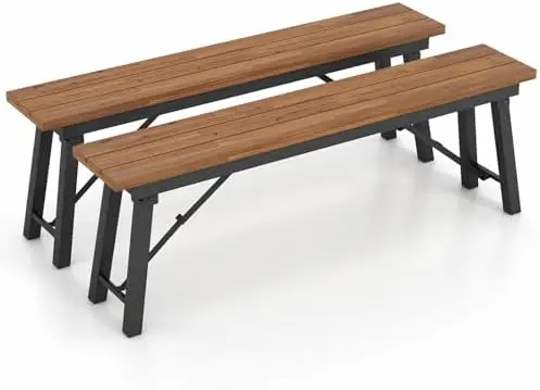 Outdoor Folding Bench Set of 2, 55” 2-3 Person Acacia Wood Backless Patio Dining Bench, No Assembly Weatherproof Picnic