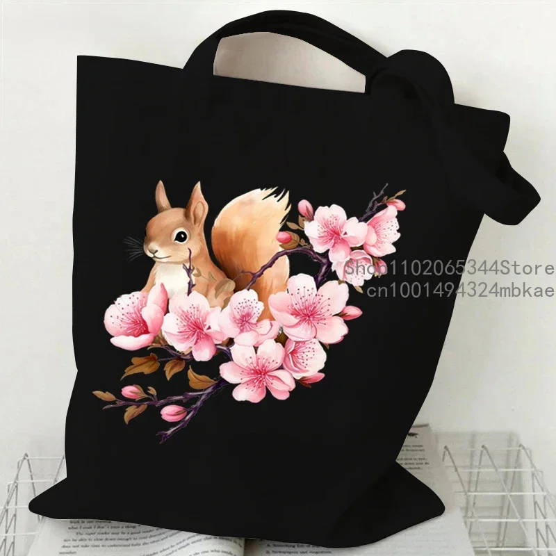 Cute Cherry Blossom Squirrel Print Women Men Shoulder Bags Teenager Cartoon Animal Fashion Trend Travel Beach Bag Female Handbag