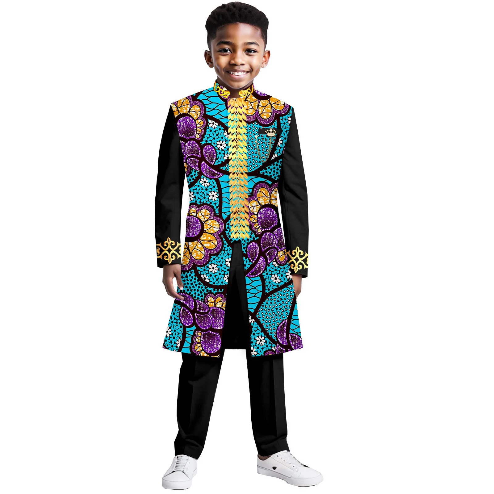 New African Tradition Clothes For Kids Boys White Long Sleeve Tops Embroidery Dashiki Robe Shirt Pant Child Set Wedding Tuxedo