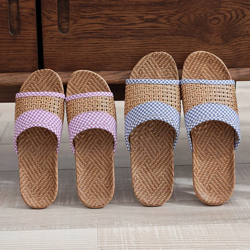 Mn Women Fashion Butterfly Knot Slip On Slides Indoor Home Slippers Shoes Summer Straw Beach Slippers Female Linen Flip Flops