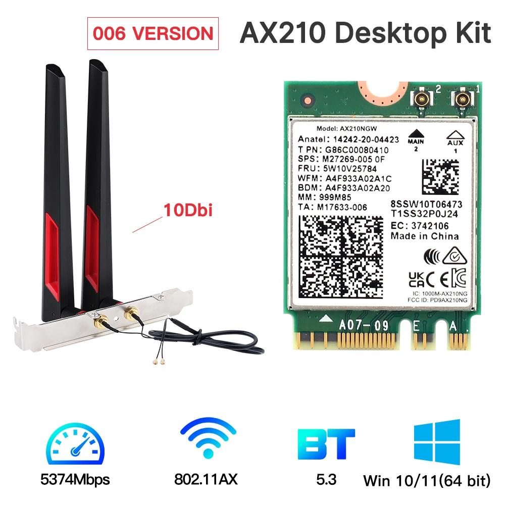 Tri Band 5374Mbps Wifi 6E AX210 M.2 Wifi Wireless Card Bluetooth 5.3 802.11ac/ax AX210NGW With 10dbi Antennas For Win 10