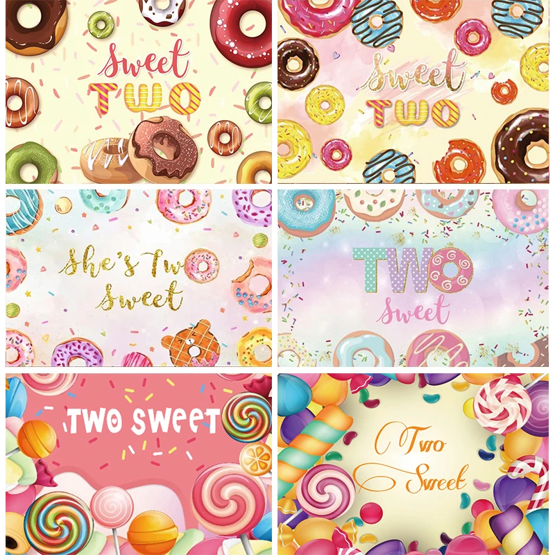 

Two Sweet Background Donuts 2nd Birthday Party Decoration Girls Baby Shower Banner Candy Lollipop Sprinkles Backdrop Photography