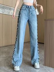 Fashion Vintage Jeans Pockets Solid Color Hollow Out High Waist Pantalones Denim Spring All Match Casual Loose Women Clothes