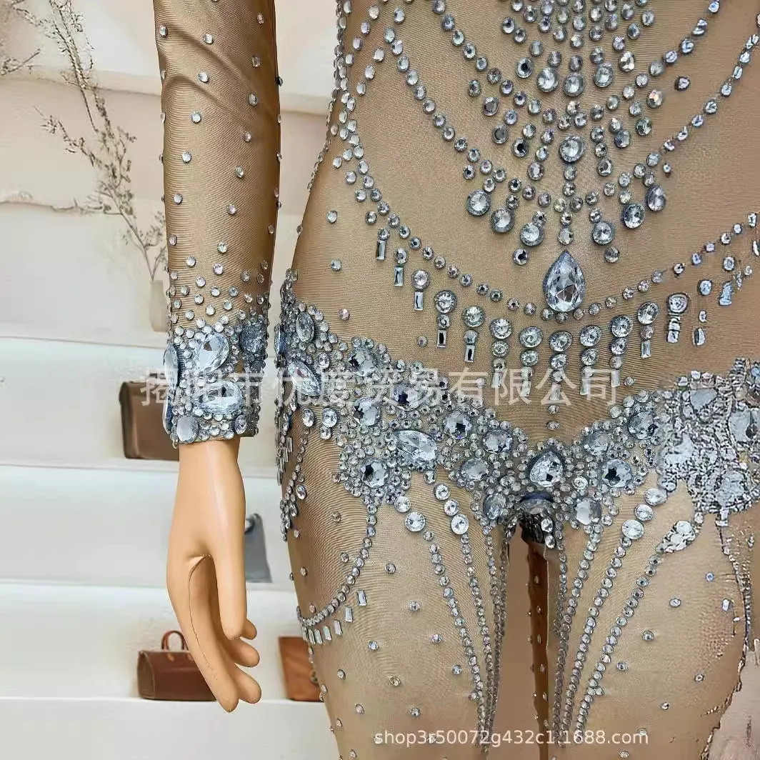 DJ Party Silber Flash Einteiliges Mesh Persönlichkeit Design Temperament Kleid Cocktail Party Nacht Leistung Glas Hosen Robe Fête