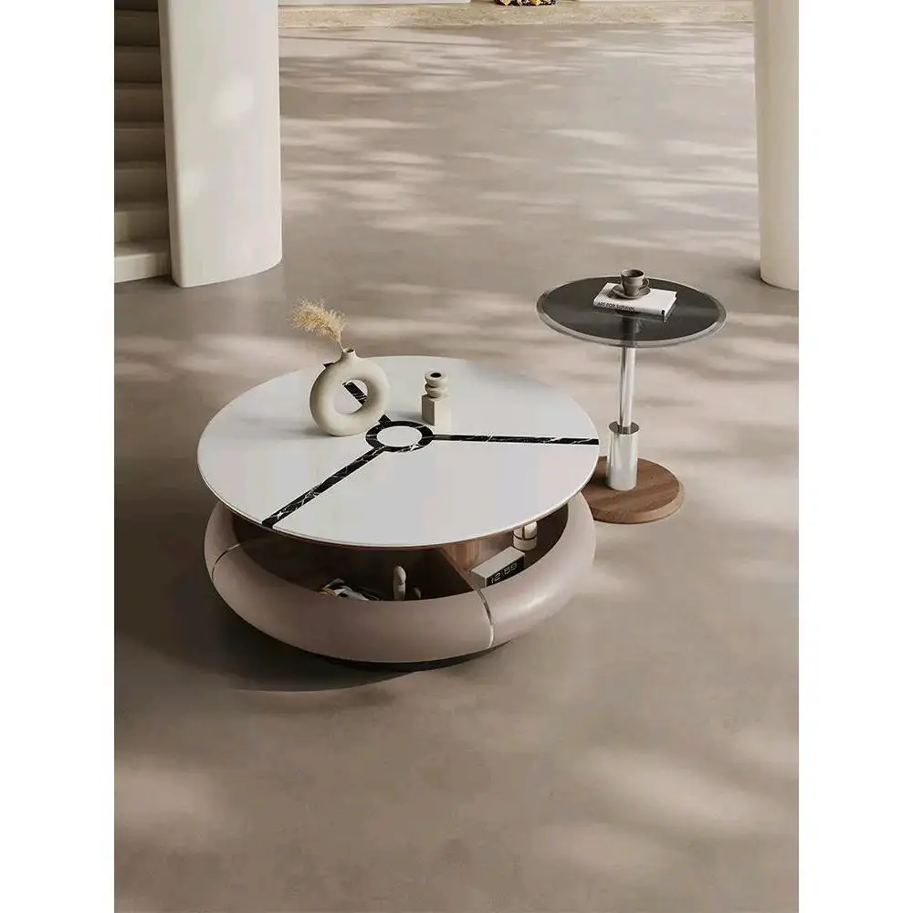 Italiaanse lichte luxe roterende microkristallijne steen klein appartement ronde salontafel combinatie crème wind eenvoudig