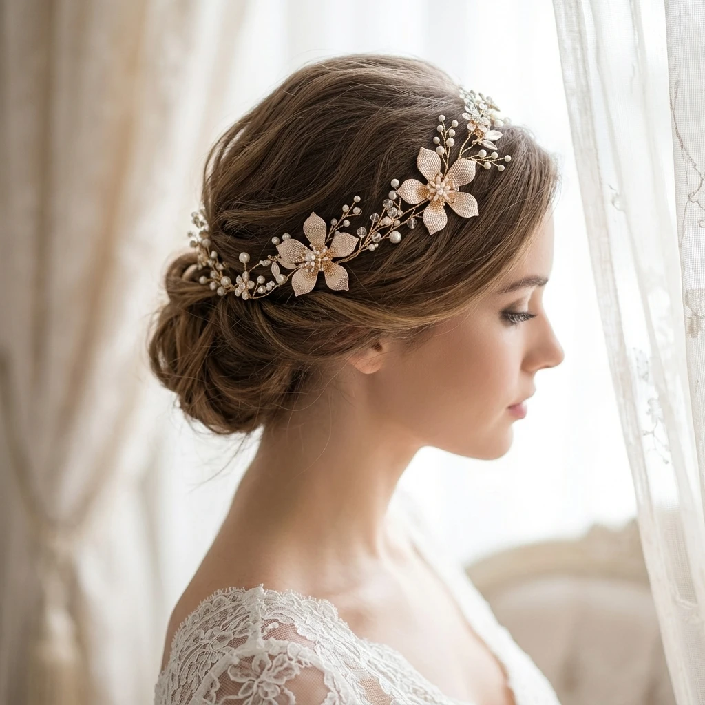 

Handcrafted Pearl Flower Headband Gold Color Elastic Bridal Wedding Dress Accessories for Women Headdress