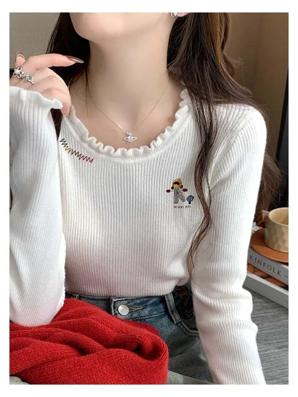 ay Baselayer Damen Langarm-Strickpullover mit Holzmaserung Rüschen-Innenfutter Lässiger Lockerer Schnitt aus Polyesterfaser