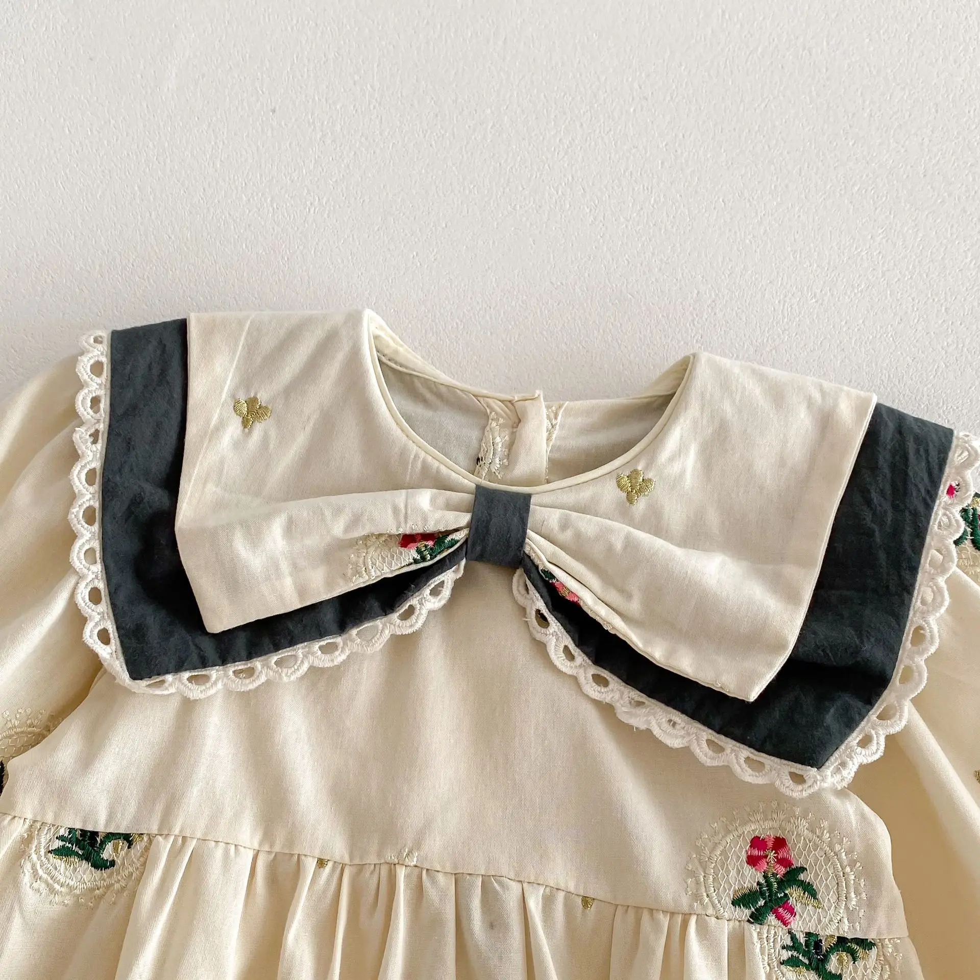 2024 Spring New Korean Style Infant Skirt Lapel Harness  Rompers Embroidered Long Sleeve Dress Sisterhood