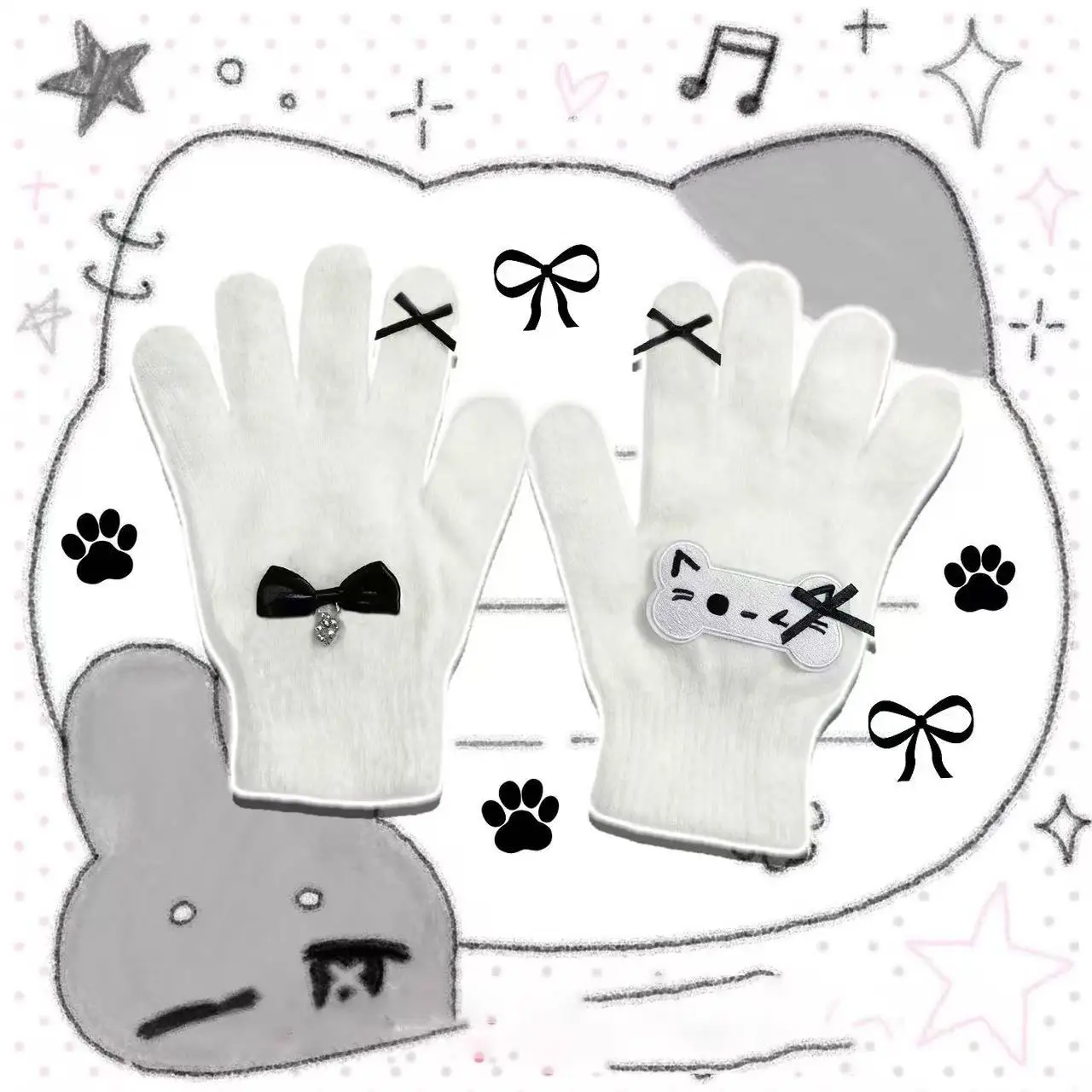 Leuke Kat Bot Lange Vinger Handschoenen Zachte Harige Voering Warme Gebreide Wanten voor Y2K Subcultuur Zoet Gezellig Cadeau voor Meisje