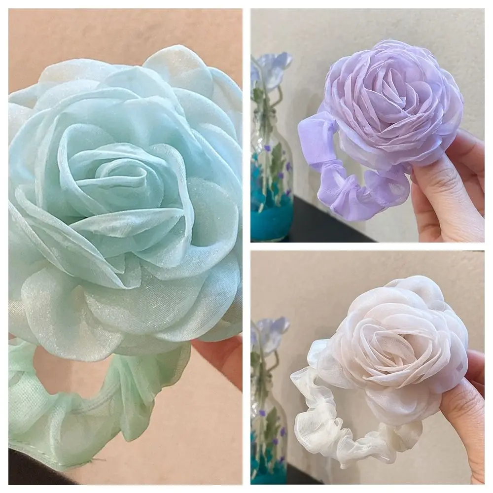 Hair Tie Mesh Flower Hair Band Ponytail Holder Hair Ring Elastic Hair Band Hair Accessories Camellia Flower Rose Hair Rope DIY