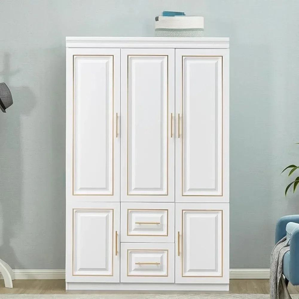 

74" H Closet with Doors White Wooden Freestanding Clothes Bedroom Armoires Wardrobe Storage ,with Hanging Rod Shelf , 2 Drawers