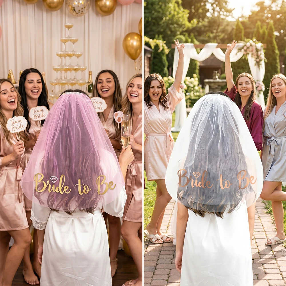 Bride To Be Veil Rose Gold Hen Do Party White Pink Veil Brides Hair Accessories Bachelorette Party Bridal Shower Decors Favors view 5
