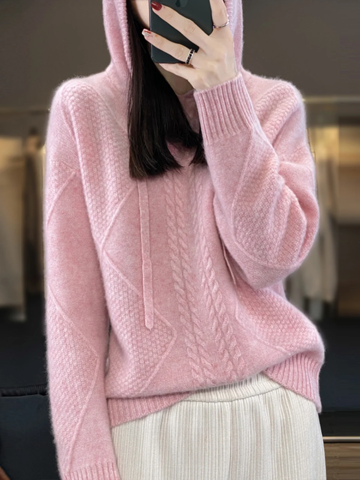 

Fall/winter 100% pure cashmere sweater women loose hooded fashion sweater bottoming sweater knitted hooded thickness