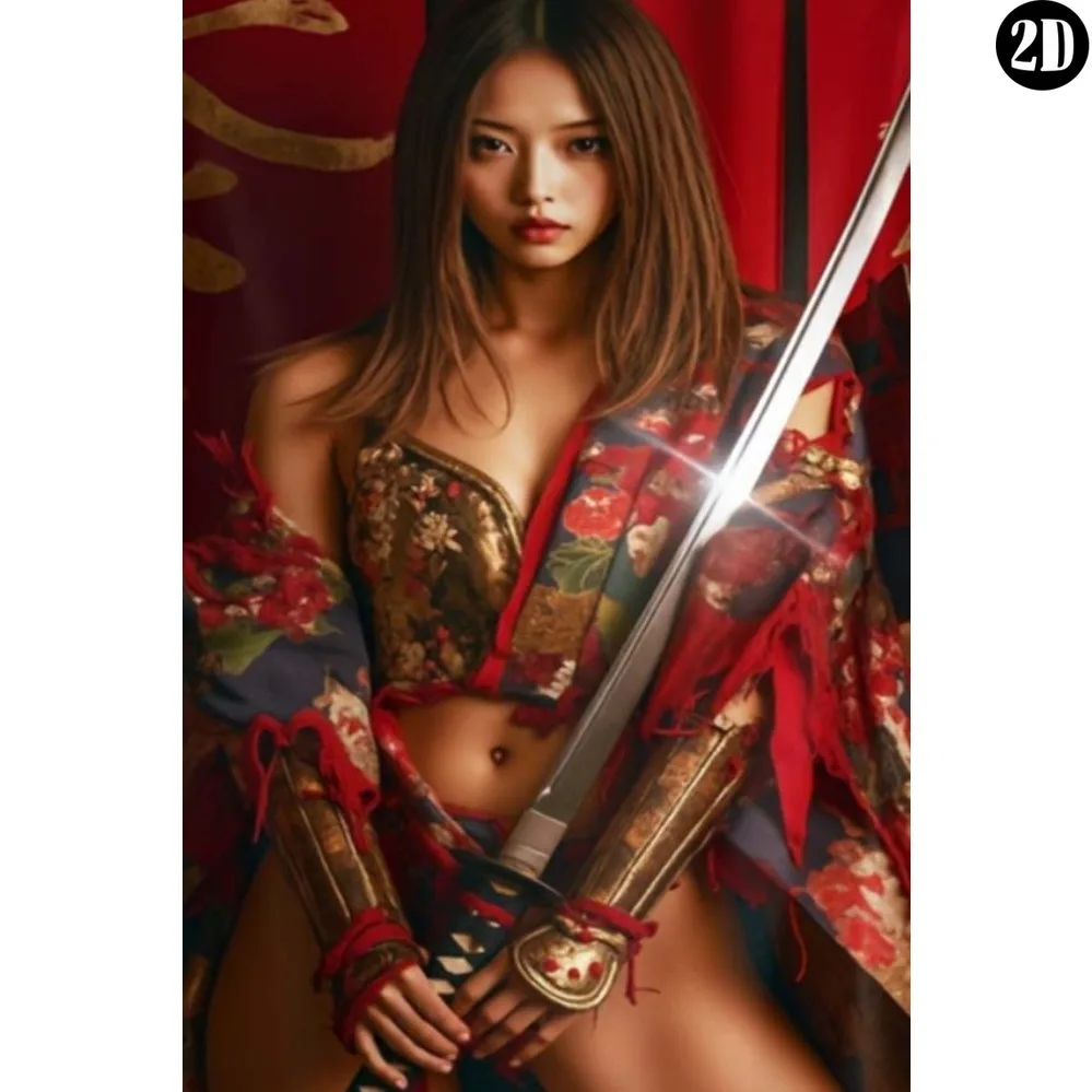 2D Flaches Metallschild - Beeindruckender Asiatischer Samurai-Krieger im Traditionellen Rot-Goldenen Kimono mit Katana-Schwert Wanddekoration, Geschenk für Zuhause